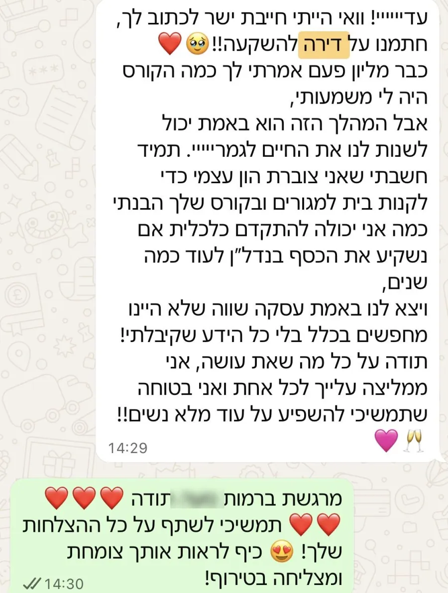 הודעה: חתמנו על דירה להשקעה. המהלך הזה באמת יכול לשנות לנו את החיים. עסקה שווה שלא היינו מחפשים בכלל בלי הידע